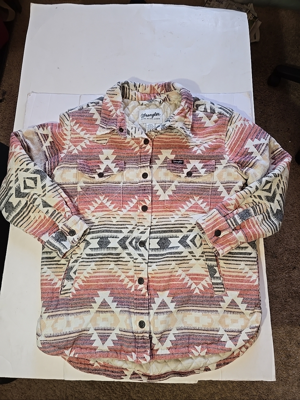 Wrangler Southwestern/Aztec Pattern Button-Up Shacket in Cream, Pink & Gray